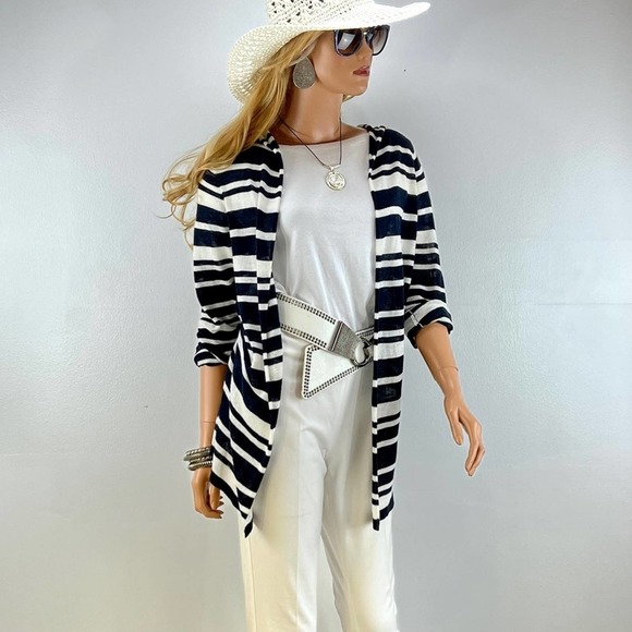 Cardigan White & Navy Blue Striped Opened Knit Front Hooded Long Sleeves. NWOT - Picture 1 of 6